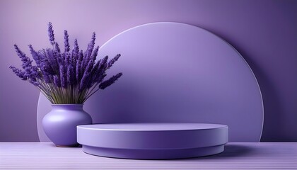 Soft purple product podium with bouquet of lavenders in a vase on the side, product placement 