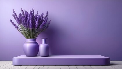 Soft purple product podium for product showcasing with a vase of lavenders on the side, product placement 