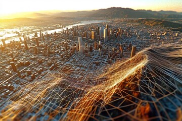 Illuminated Cityscape With Overlaid Digital Network Patterns at Sunset