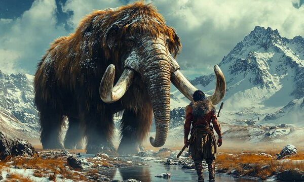 A prehistoric scene featuring a mammoth and a human figure.