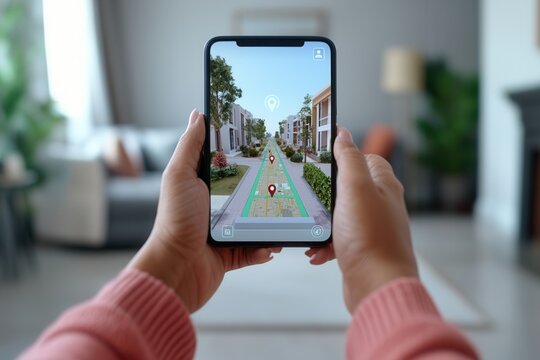 Virtual reality and accessibility, A person holds a smartphone displaying an augmented reality view of a landscaped street, blending digital elements with real-world surroundings.