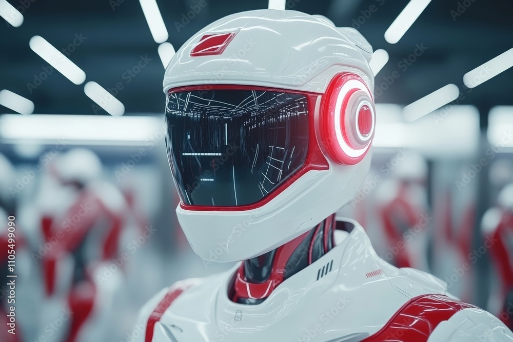 Poster a futuristic robot with a sleek design and glowing red accents stands in a high-tech environment, re