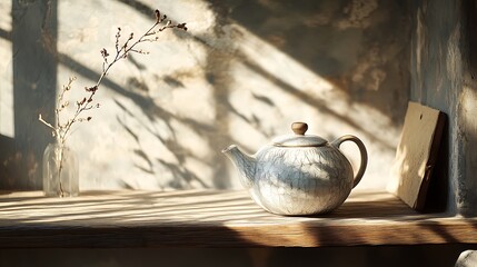 A handmade ceramic teapot sitting on a wooden shelf, delicate patterns hand-painted around the body