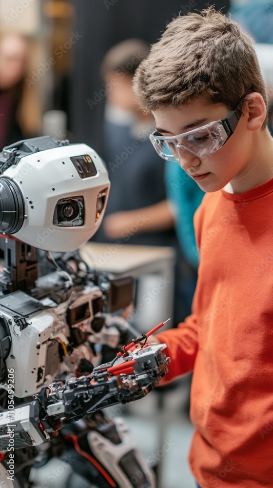 Poster young student in protective eyewear engages with advanced robotics during a stem class, showcasing t