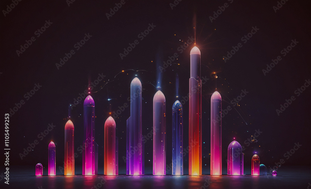 Poster Row of colorful glass cylinders are lit up. The cylinders are in a row and are of different colors