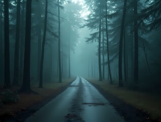 Naklejka premium Road through the forest to the storm