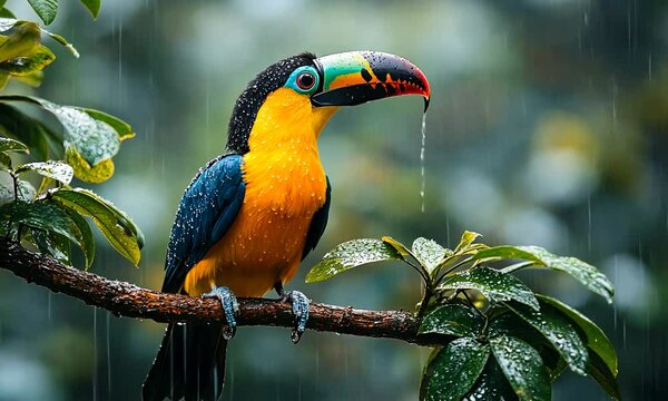 A vibrant toucan perched on a branch in a rainy forest.