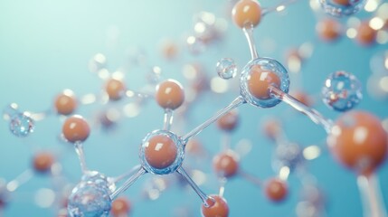 Detailed molecular illustration of water encased by transparent droplets on a light blue background