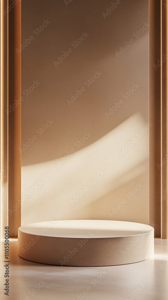 Poster minimalist product display podium in warm tones, with soft shadows cast on a curved wall, creating a