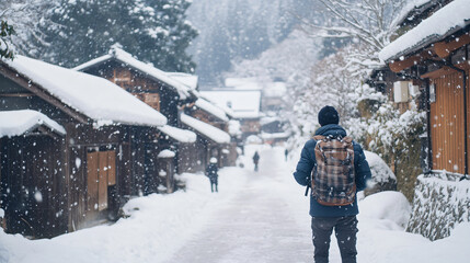 A solo traveler exploring a small snow-covered village, taking photos and soaking in the winter charm and quiet beauty.