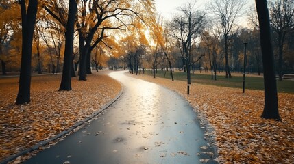 A scenic park pathway covered with autumn leaves winding through trees with yellow foliage on a clear day