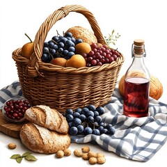Picnic basket filled with fresh fruits, baked goods, and juice on a checkered cloth, perfect for outdoor gatherings and summer days
