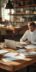Fototapeta premium This image features a sleek, modern office space with a businessperson deeply focused on paperwork, surrounded by technology, and sipping coffee, signifying productivity.