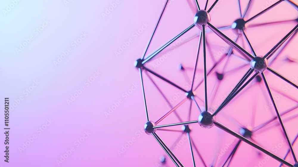 Poster a close-up of a metallic geometric structure with shiny spheres connected by thin rods against a sof