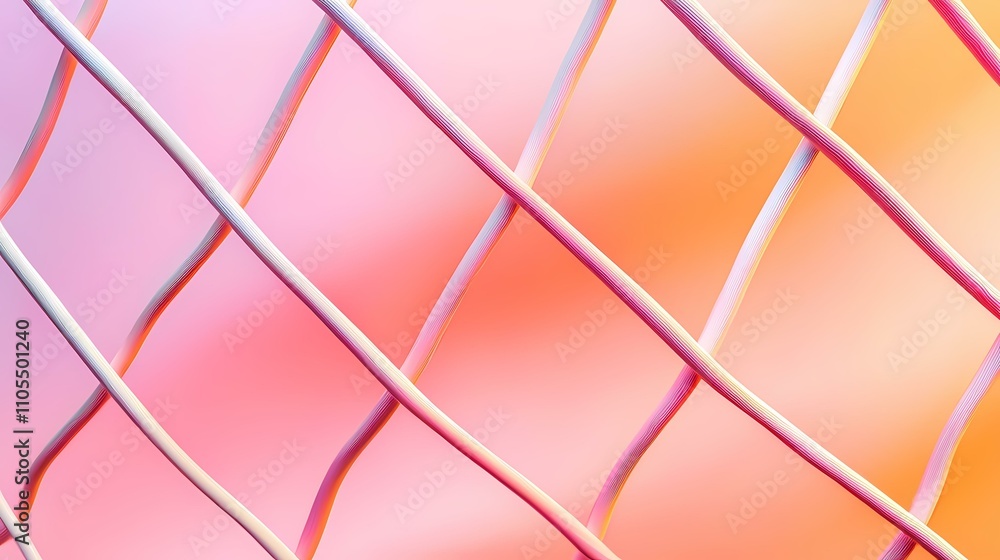 Poster the image contains a pattern of crisscrossing pink and white lines on a pink and orange background. 