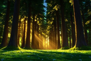 Obraz premium Sunlight Streaming Through Tall Pine Trees in Dense Forest
