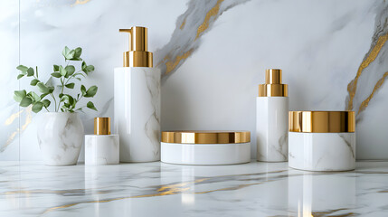 luxurious pastel white and golden cosmetics packaging container for skincare, fragrance or toiletry industries on marble background. Beauty product mock-up. Store shelf