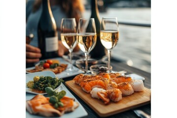 Elegant gourmet dining experience on a patio featuring three glasses of white wine and neatly arranged platters of fresh seafood set against a serene waterscape.