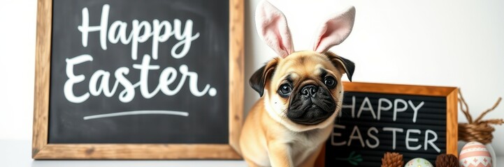 Cute pug wearing bunny ears celebrates Easter with festive decorations in a cheerful setting