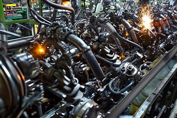 Obraz premium Intricate Automotive Engine Parts and Machinery in a Modern Manufacturing Facility