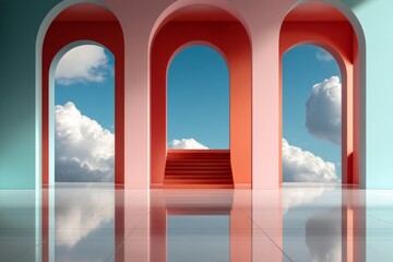 A surreal scene of fluffy white clouds seen through colorful archways indoors, merging architectural and natural elements in a dreamlike composition.