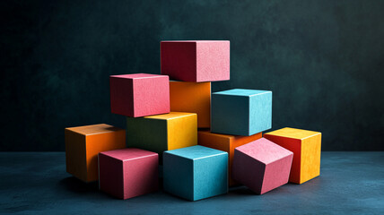 Obraz premium Colorful blocks stacked in playful arrangement on dark background showcasing creativity