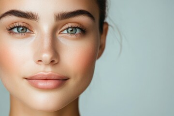 Fototapeta premium This image features a close-up of a woman's face showcasing a natural makeup style, emphasizing her features with a soft and clean aesthetic.
