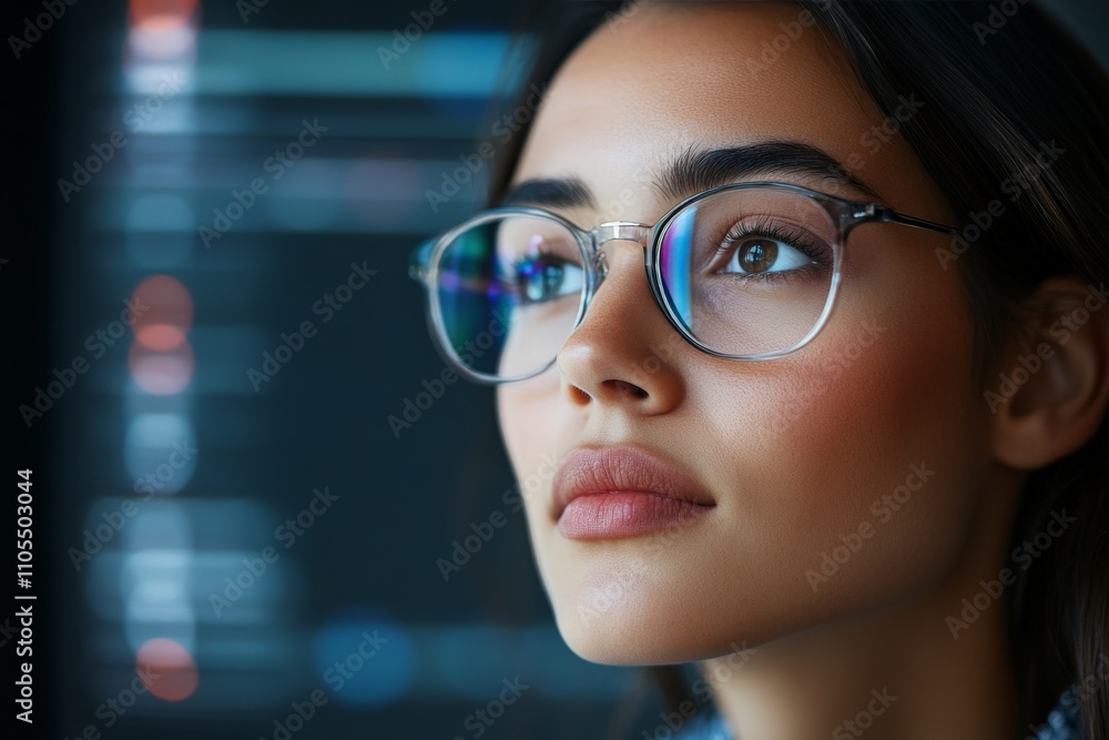 Poster a focused woman with glasses in front of a computer screen full of code, symbolizing intelligence, t