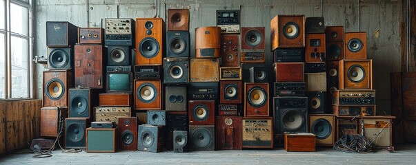 Vintage collection of old speakers and sound systems stacked together