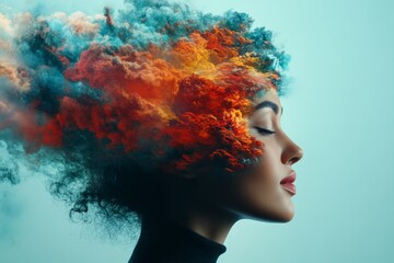 A surreal image of a woman with her hair transforming into a colorful, expressive cloud, symbolizing creativity, imagination, and artistic freedom.