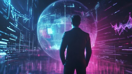 Silhouette of a businessman standing in a cyberspace with moving digital elements, planet model, hologram. Augmented virtual extended reality, metaverse motion graphics. Futuristic setting.