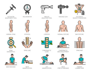 Chiropractic medicine line icons. Vector physiotherapy, osteopathy and rehabilitation therapy treatment outline symbols set of chiropractor doing massage, neck, back and spine chiropractic adjustments