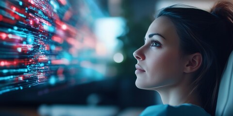 A woman gazes thoughtfully at a digital screen displaying holographic, colorful data visualizations, representing technology's role in modern, informed decision making.