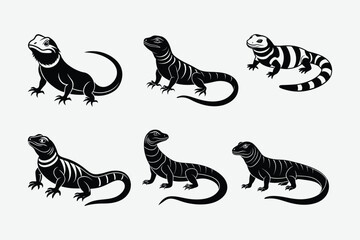 Carnivorous wild animal vector art featuring silhouettes of the Monitor Lizard, Gila Monster, Bearded Lizard, Caiman Lizard, Nile Monitor, and Komodo Dragon.