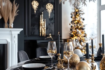 Elegant Black Gold Christmas Dinner Table Setting
