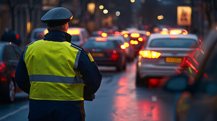 A traffic officer managing cars at an accident site during rush hour.