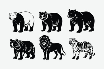 A vector artwork featuring silhouettes of six carnivorous wild animals: Tiger, Lion, Grizzly, Spectacled, Black, and Polar Bear.