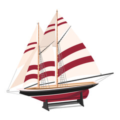 A boat with sails is a model on a stand, isolated on a white background.Vector illustration of the ship.