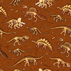 Dinosaur fossils seamless pattern. Vector tile, wallpaper or textile with cartoon skeletal structures of dinosaurs features dino bones and skeletons arranged on a brown, textured soil background