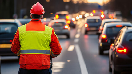 A traffic officer managing cars at an accident site during rush hour.