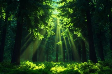 Obraz premium Sunbeams Filtering Through Dense Forest Canopy with Green Underbrush