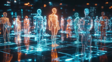 Digital human network, glowing figures in cyberspace.