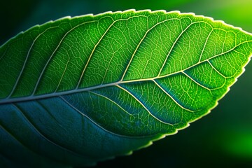 Obraz premium Close-Up of Vibrant Green Leaf with Detailed Veins and Sunlight