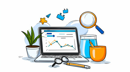 Fototapeta premium A laptop displays analytics data, surrounded by a plant, glasses, a cup, and laboratory equipment, symbolizing research and productivity.