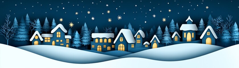 Fototapeta premium A serene winter village scene with snow-covered roofs, illuminated windows, and a starry night sky.