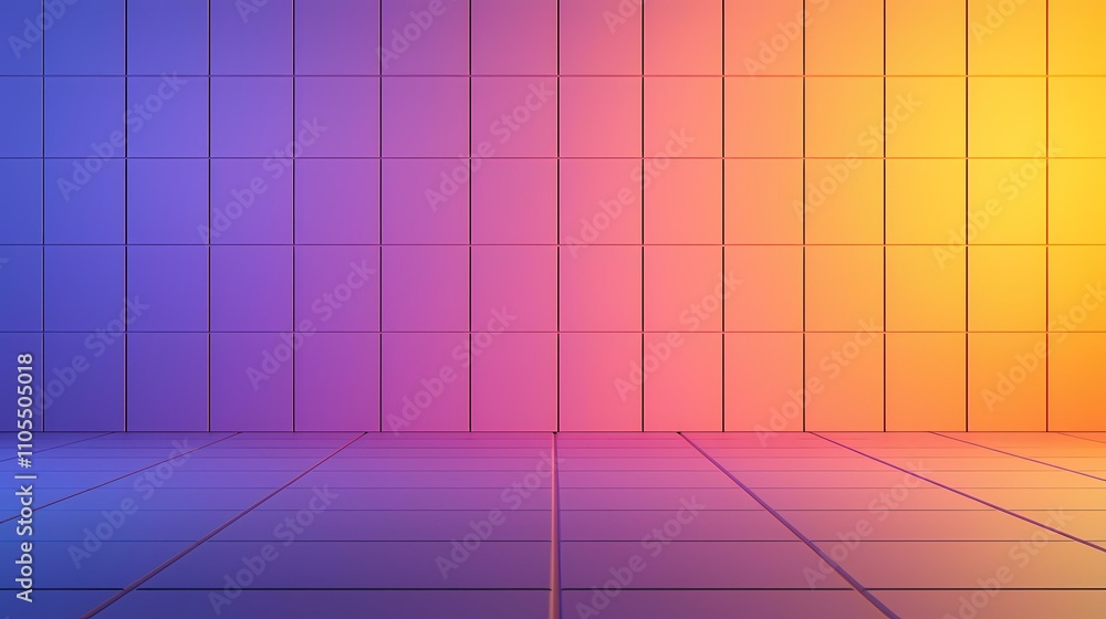 Poster the image contains a tiled wall with a gradient from purple to orange and a tiled floor with a gradi