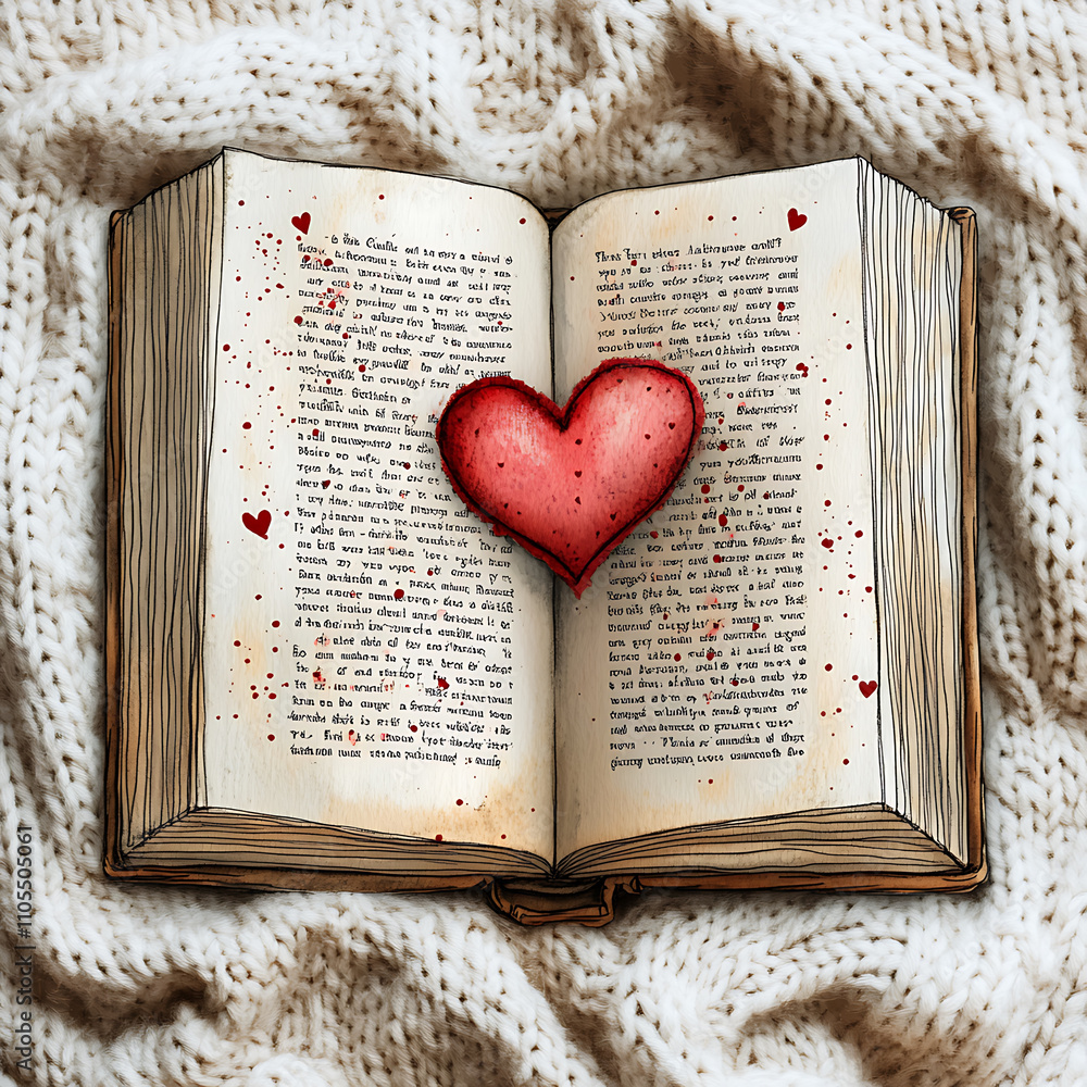 Poster whimsical illustration of open book with heart, symbolizing love and romance. pages are adorned with