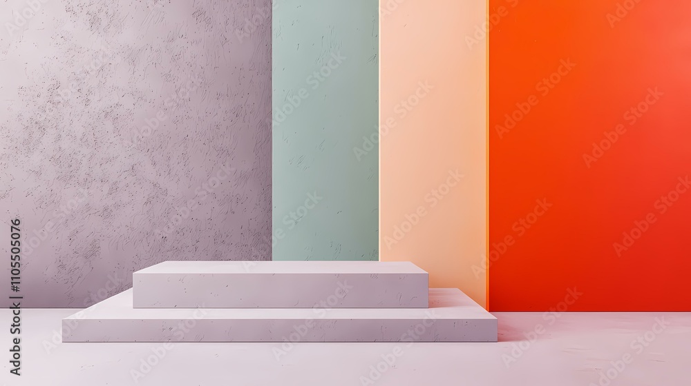 Poster a three-step platform made of light gray concrete stands in front of a wall divided into four vertic