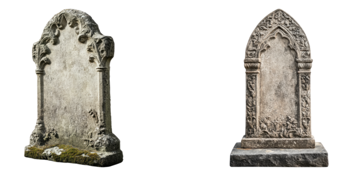 Old tombstone isolated on transparent background, Set of