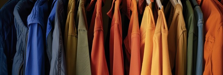 Fototapeta premium Assorted clothing in vibrant colors arranged on hangers for neat closet organization.